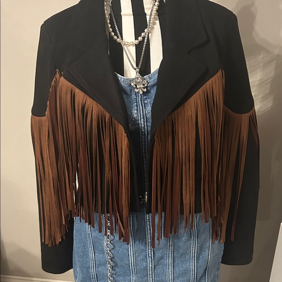 Chic Black and Brown Fringe Women's Blazer - Picture 2 of 5